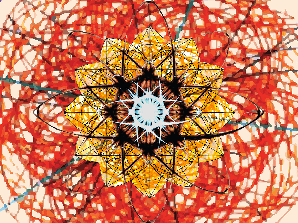 Átomo y partícula de Dios, 2022. Obra gráfica impresa sobre papel 100% de algodón. 70 cms x 100 cms