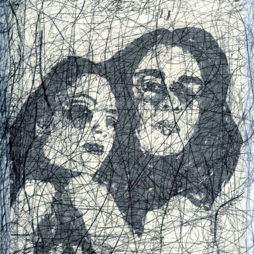 Duelo #3, 2001. Fotograbado, collage sobre papel vegetal y papel de arroz tejido con hilos. 35 cms x 25 cms